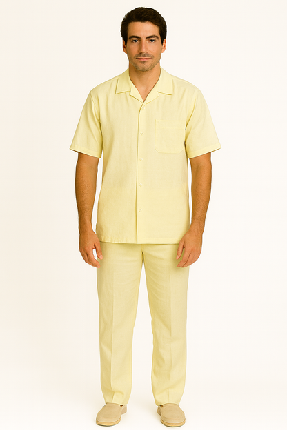 Men’s Cream 100% Linen Walking Suit, Short Sleeve Shirt and Matching Pants Casual Summer Set