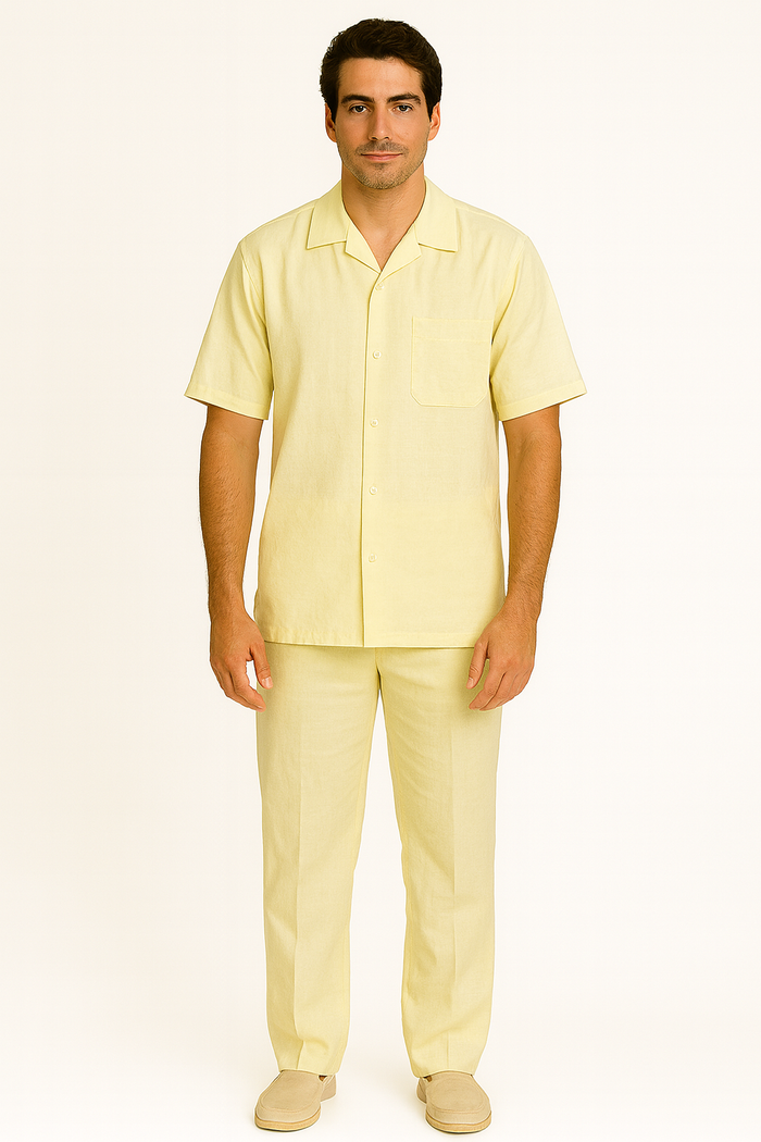 Men’s Cream 100% Linen Walking Suit, Short Sleeve Shirt and Matching Pants Casual Summer Set