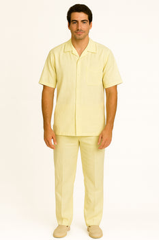 Mens walking suits casual two piece sets Summer Short Sleeve Shirt & Pants Casual Two Piece Mens Walking Outfit For Sale Pant Sets Casual Suit Set Men's Suit 100% Mens Linen Suit - Fabric – Cream