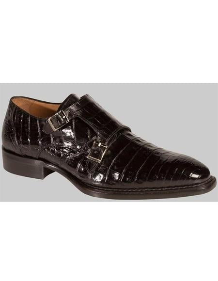 Mezlan Brand Mezlan Men's Dress Shoes Sale Men's double monk strap shoes Men's All Over Black Crocodile Shoes-Men's Buckle Dress Shoes