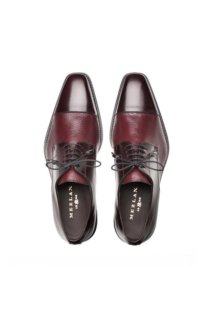 Mens Mezlan Cap-Toe Dress Lace-Up Blending Supple Textured Deerskin And Polished Calfskin With An Elegant Tassel Detail In Color Burgundy