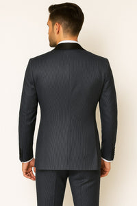 Mens Midnight Blue Stripe Tuxedo Jacket with Black Satin Shawl Lapel – Shiny Formal Party Suit