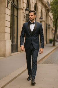 Mens Midnight Blue Stripe Tuxedo Jacket with Black Satin Shawl Lapel – Shiny Formal Party Suit