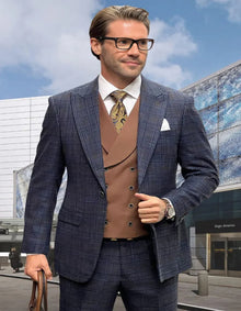 Mens Italian Wool Suit Color Blue - Men's Designer Wool Vested Midnight Blue Glenplaid Suit