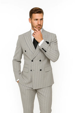 Gray and Black Pinstripe Double Breasted - Modern Fit 1920s Vintage Looking Suit - Image 2