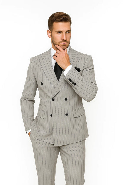 Gray and Black Pinstripe Double Breasted - Modern Fit 1920s Vintage Looking Suit - Image 2