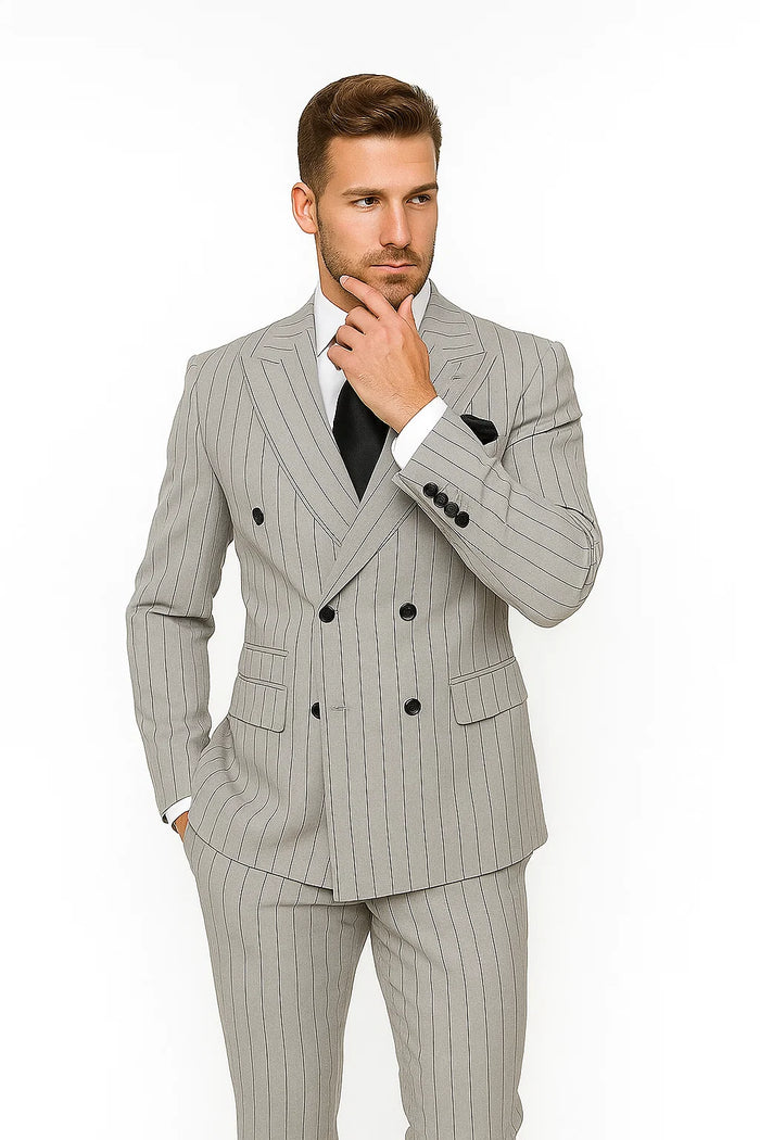 Gray and Black Pinstripe Double Breasted - Modern Fit 1920s Vintage Looking Suit - Image 2