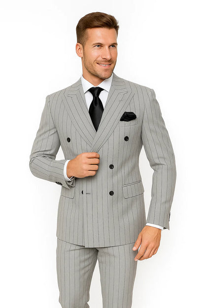 Gray and Black Pinstripe Double Breasted - Modern Fit 1920s Vintage Looking Suit - Image 4
