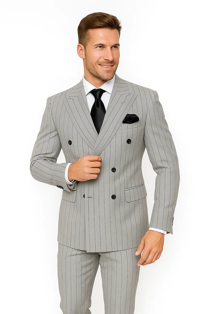 Gray and Black Pinstripe Double Breasted - Modern Fit 1920s Vintage Looking Suit - Image 4