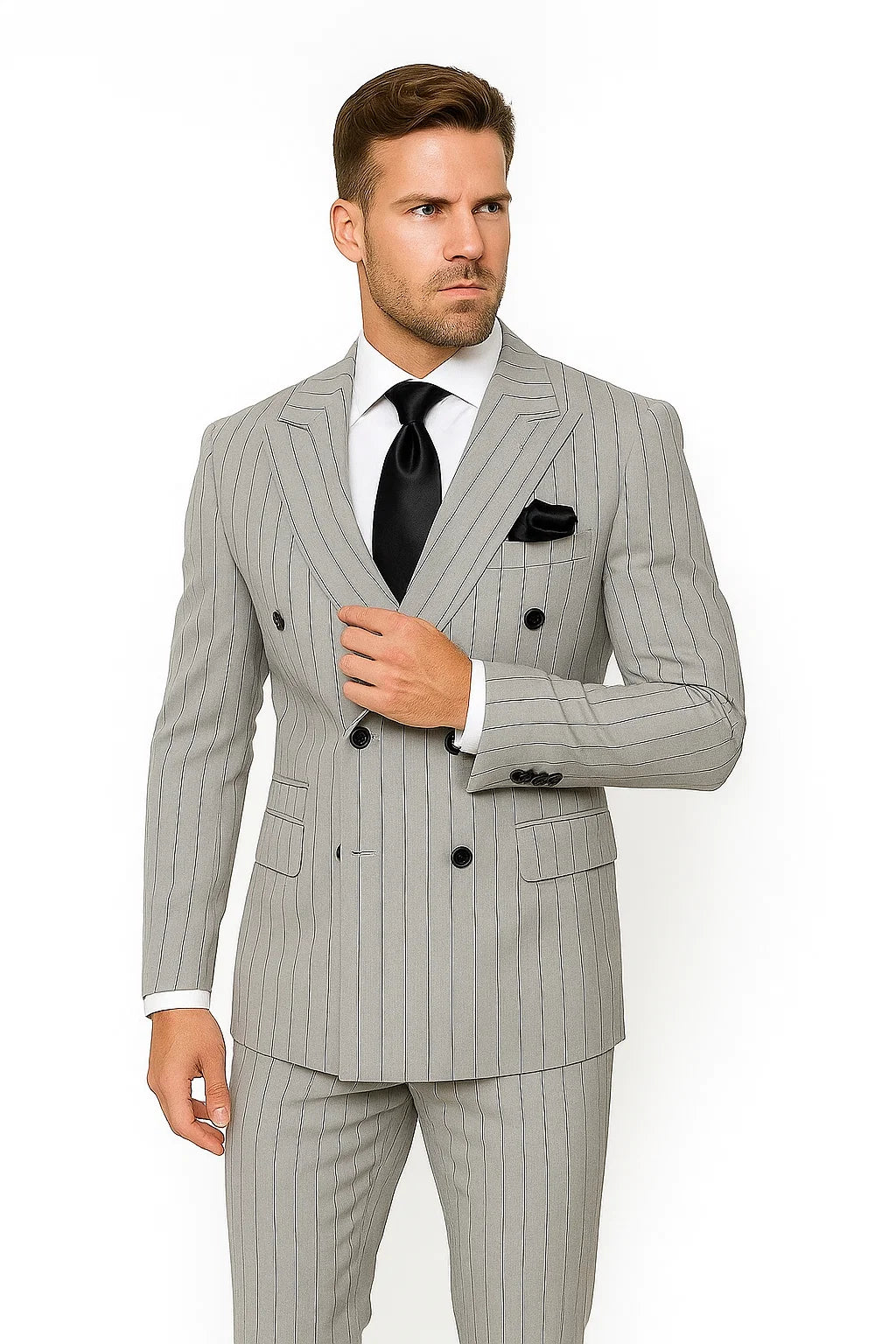 Gray and Black Pinstripe Double Breasted - Modern Fit 1920s Vintage Looking Suit - Image 6