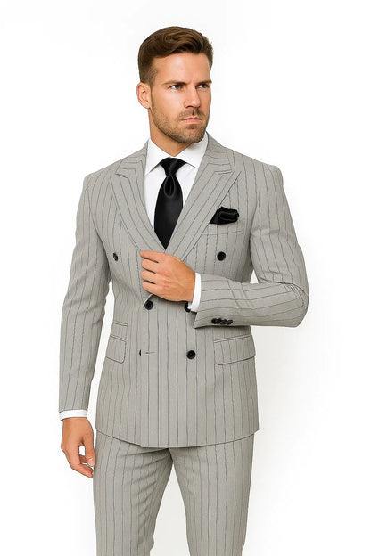 Gray and Black Pinstripe Double Breasted - Modern Fit 1920s Vintage Looking Suit - Image 6
