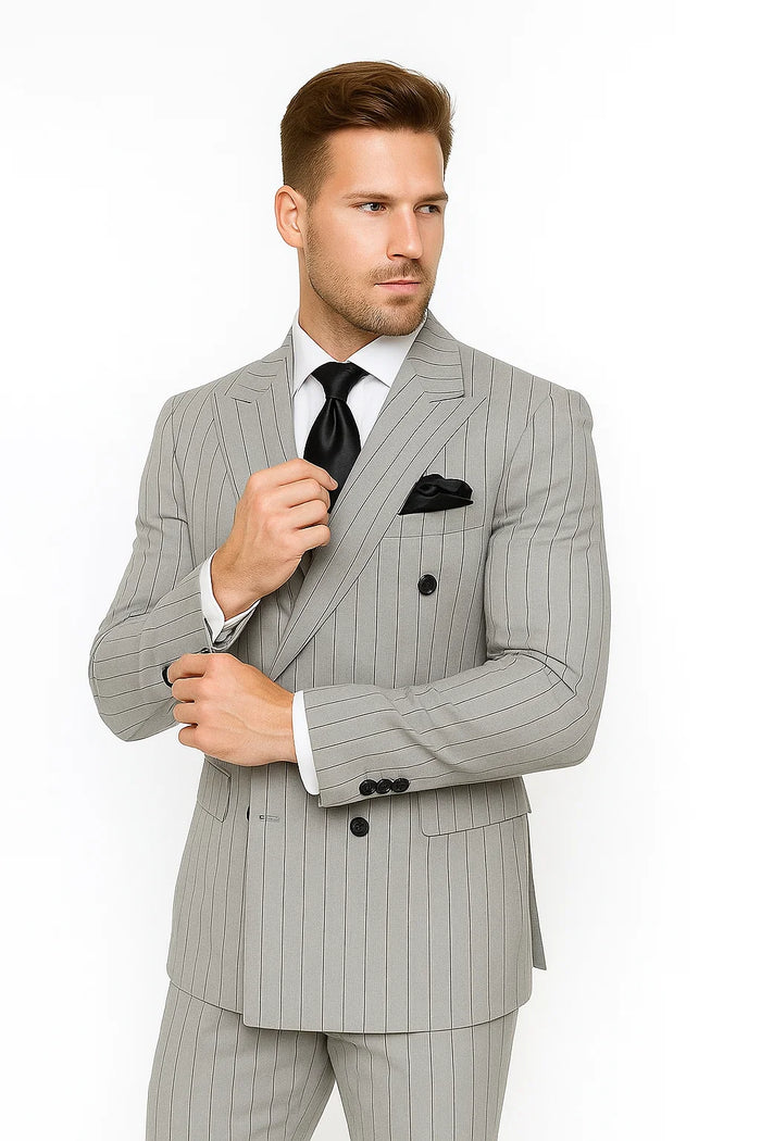 Gray and Black Pinstripe Double Breasted - Modern Fit 1920s Vintage Looking Suit - Image 3