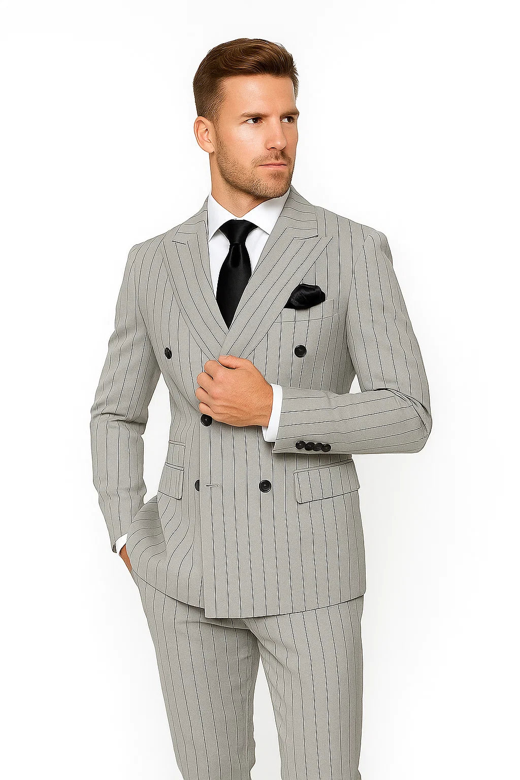 Gray and Black Pinstripe Double Breasted - Modern Fit 1920s Vintage Looking Suit - Image 7