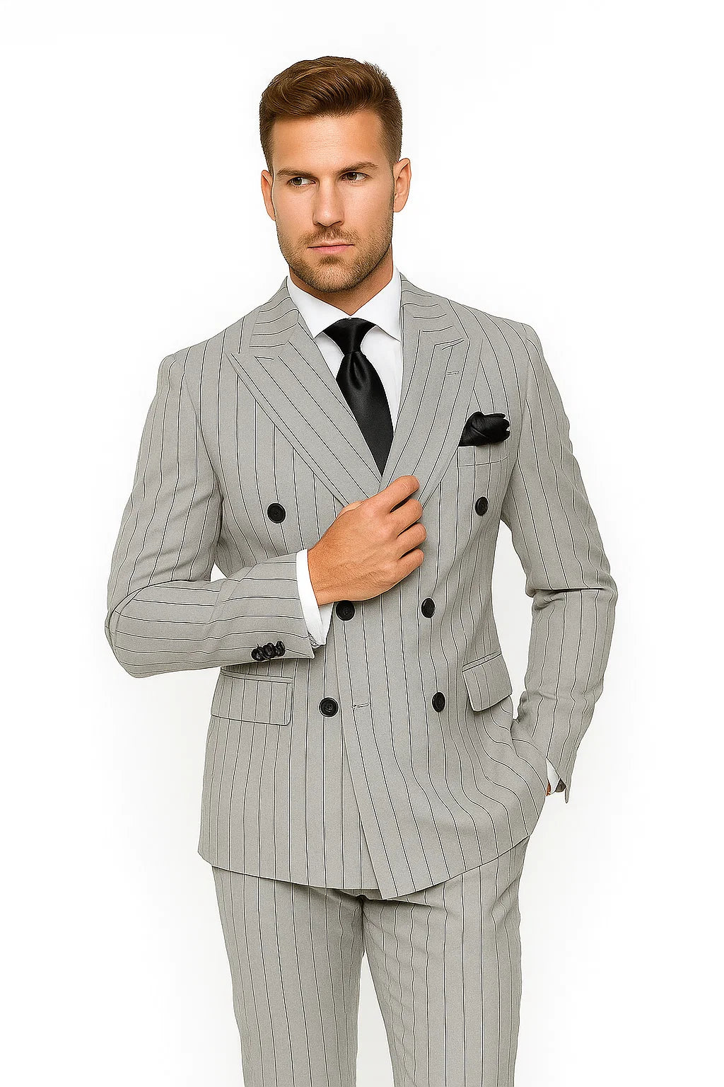 Gray and Black Pinstripe Double Breasted - Modern Fit 1920s Vintage Looking Suit - Image 8