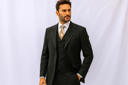 Milano Moda Men's Black High Fashion Vested Cheap Priced Business Milano Suits Clearance Sale