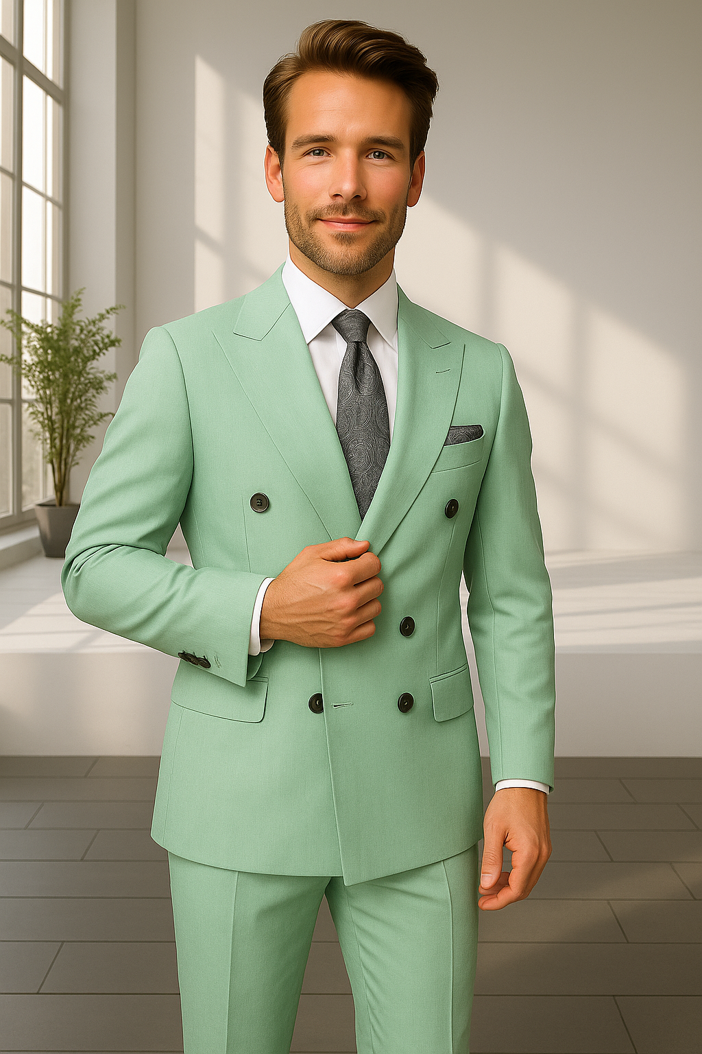 Wool Suit - Italian Made Business Suit by Statement Men's 2 Piece 100% Wool Double Breasted Suit - Pinstripe Pattern Modern Fit