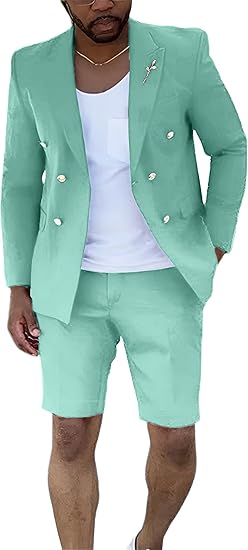 Mens Suits With Shorts - Double breasted Style Mint Green With Gold Buttons