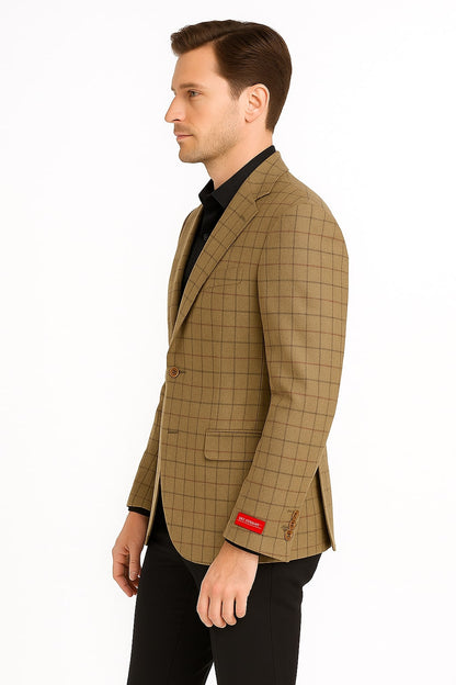 Men's Tan Plaid Blazer – Windowpane Checkered Taupe Colar with Conservative burgunsih Pattern Mix Perfect For Business - Image 4