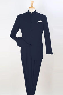 Apollo King "Navy Blue Men's Fashion Suit with Mandarin Banded Collar - Five Button"