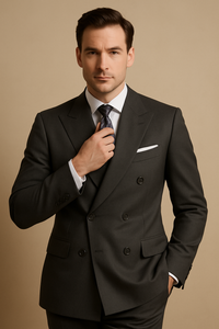 Mens Classic Poplin Double Breasted Suit in Charcoal