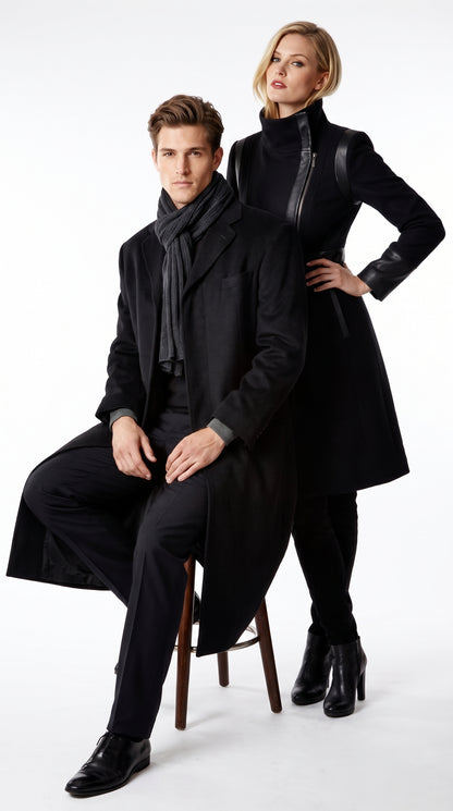 Alberto Nardoni Men’s Black Full Length Cashmere Blend Overcoat, Loro Piana Fabric Winter Dress Topcoat