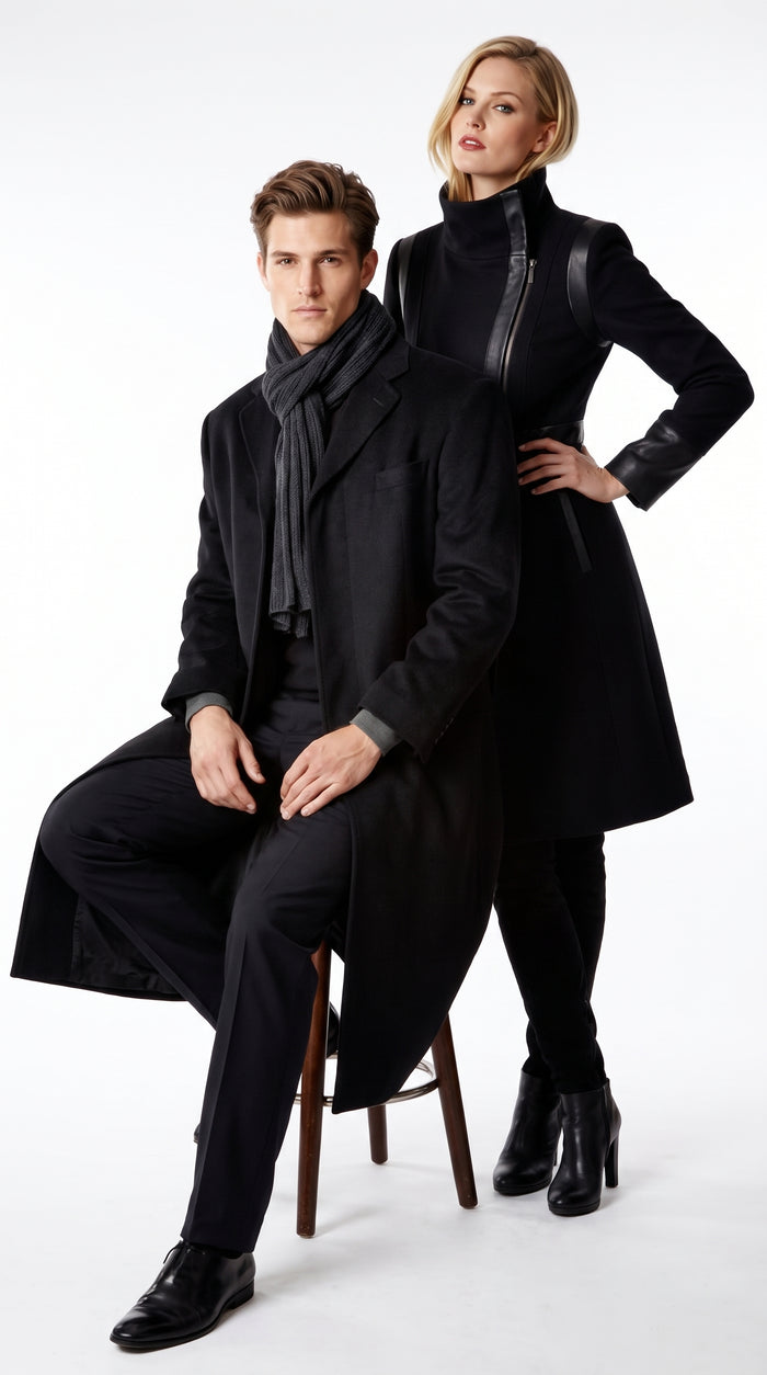 Alberto Nardoni Men’s Black Full Length Cashmere Blend Overcoat, Loro Piana Fabric Winter Dress Topcoat