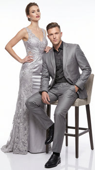 Men’s Silver Gray Shiny Sharkskin 2 Button Suit, Formal Wedding Business Dress Suit