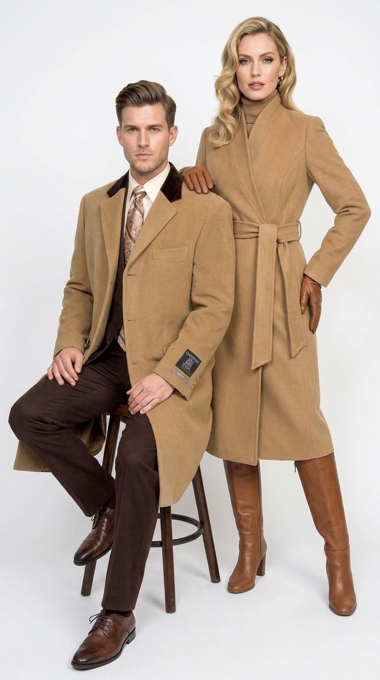Men’s Camel Chesterfield Overcoat with Brown Velvet Collar, Full Length Cashmere Style Dress Coat