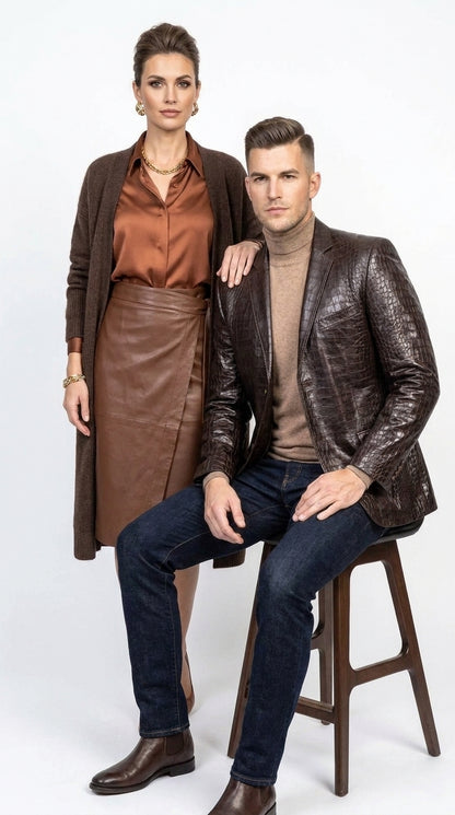 Zacchi Men’s Brown Crocodile Print Blazer, Italian Cut Alligator Leather Feel Sport Coat