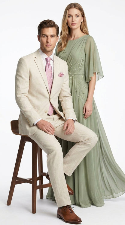 Men’s Natural Linen 2 Piece Suit, Regular Fit Summer Wedding Beach Dress Suit