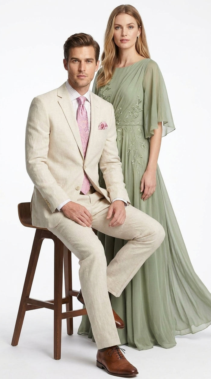 Men’s Natural Linen 2 Piece Suit, Regular Fit Summer Wedding Beach Dress Suit