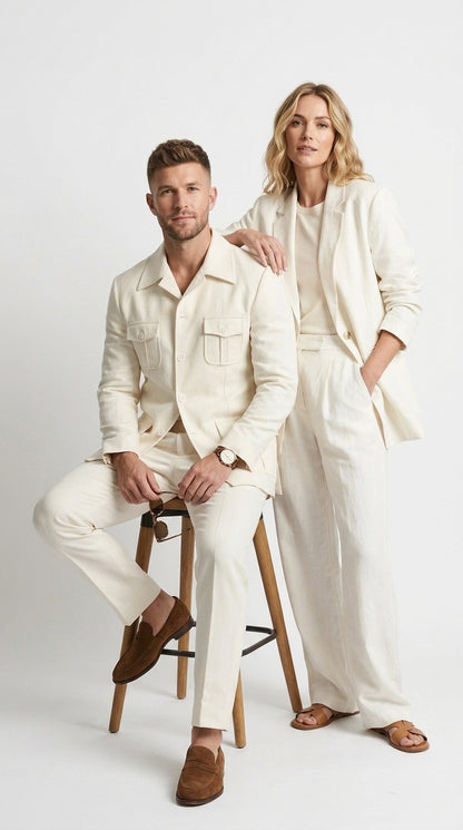 Men’s Off White Casual Safari Suit, Modern Fit Pocket Front Summer Walking Suit