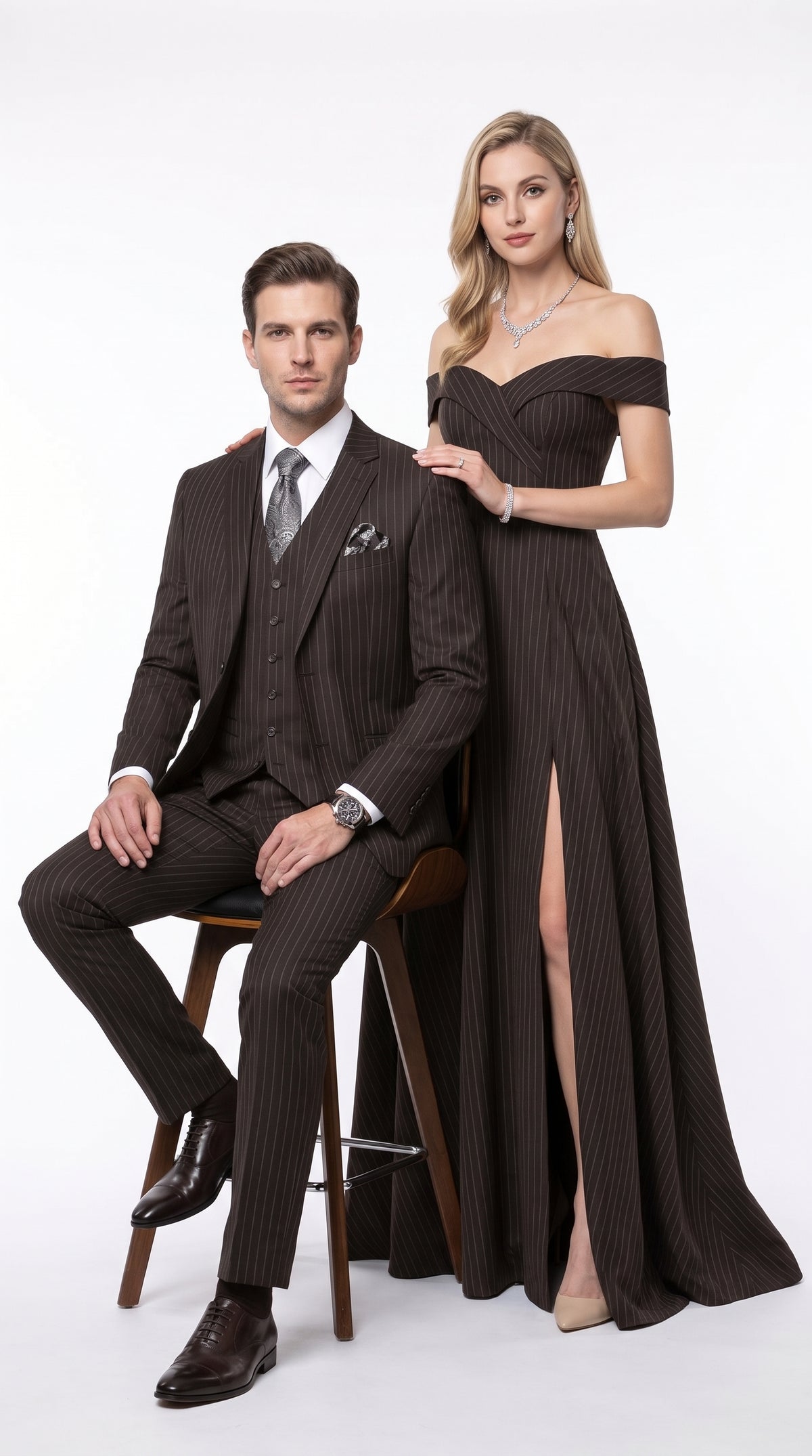 Men’s Jet Black Chalk White Pinstripe 3 Piece Suit, Super 150s Italian Fabric Vested Formal Suit