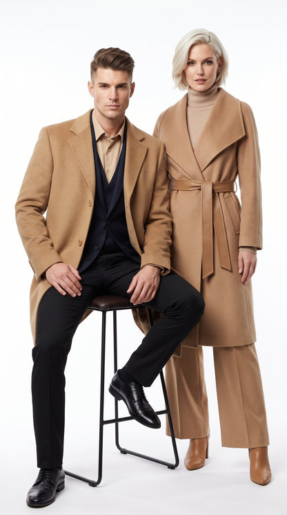 Men’s Camel Cashmere Blend Full Length Overcoat, Luxury Winter Dress Topcoat