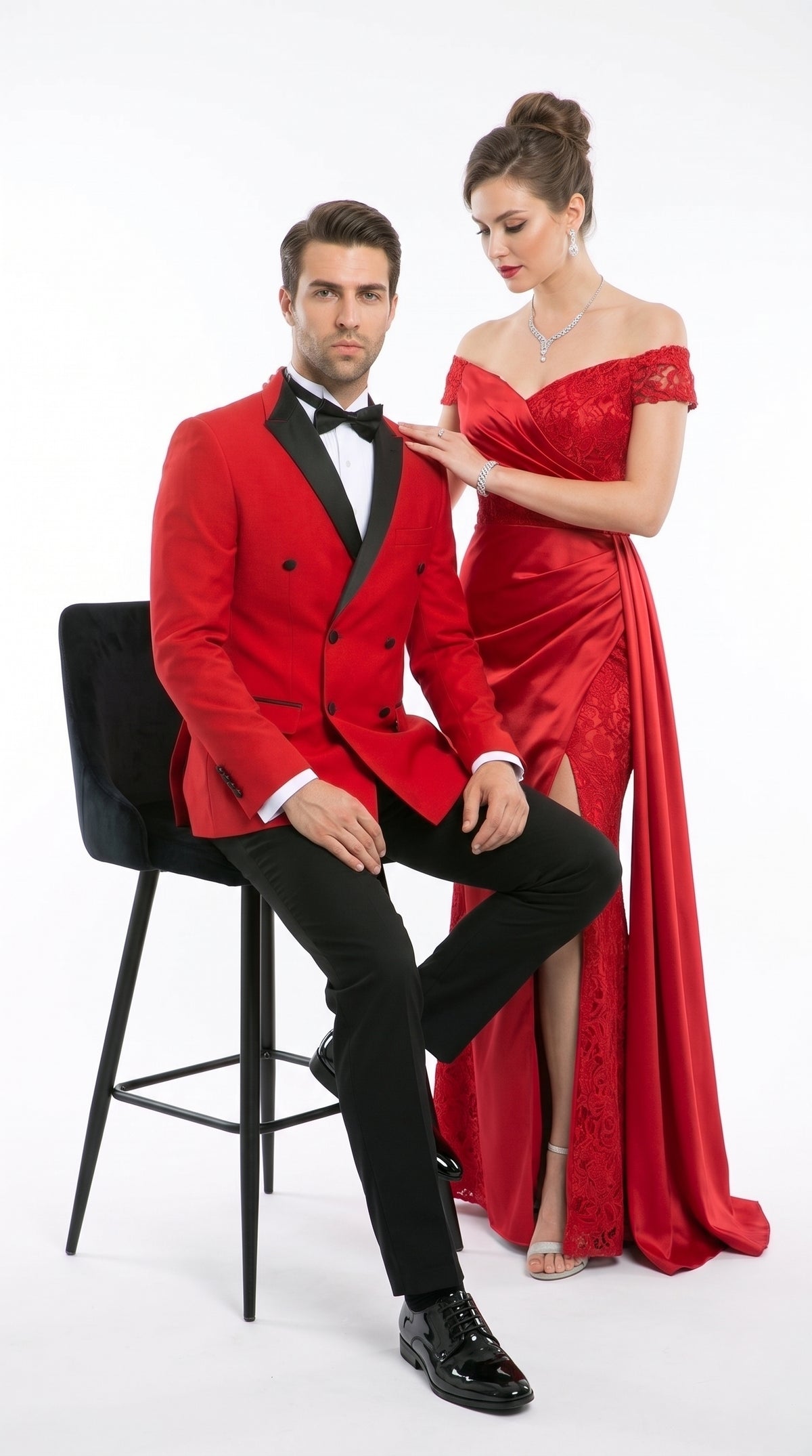 Men’s Red Double Breasted Tuxedo – Black Peak Lapel Prom & Wedding Suit