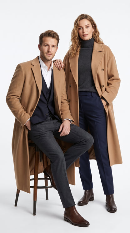 Men’s Camel Cashmere Winter Topcoat, Full Length Dress Overcoat