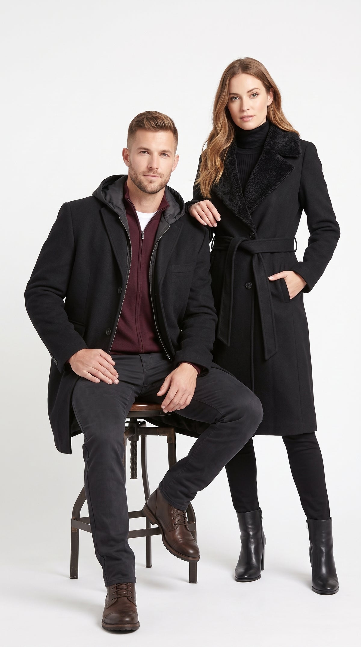 Men’s Black Hooded Overcoat, Formal Topcoat with Removable Hoodie Style