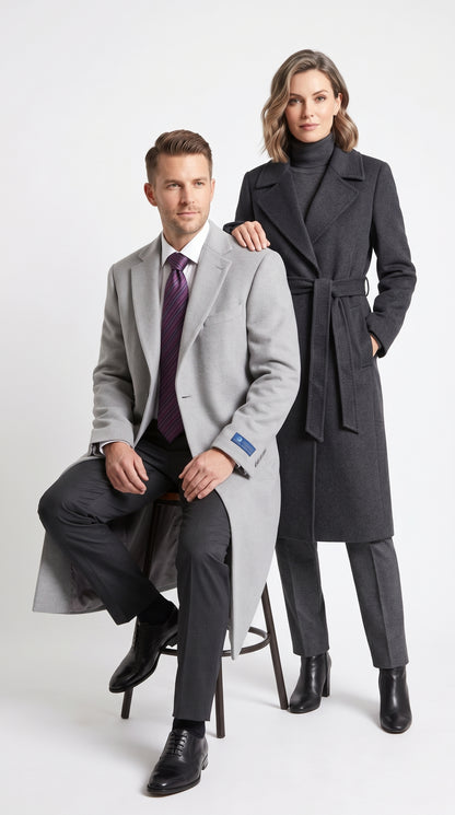 Men’s Gray Two Button Long Overcoat, Winter Dress Topcoat Formal Coat