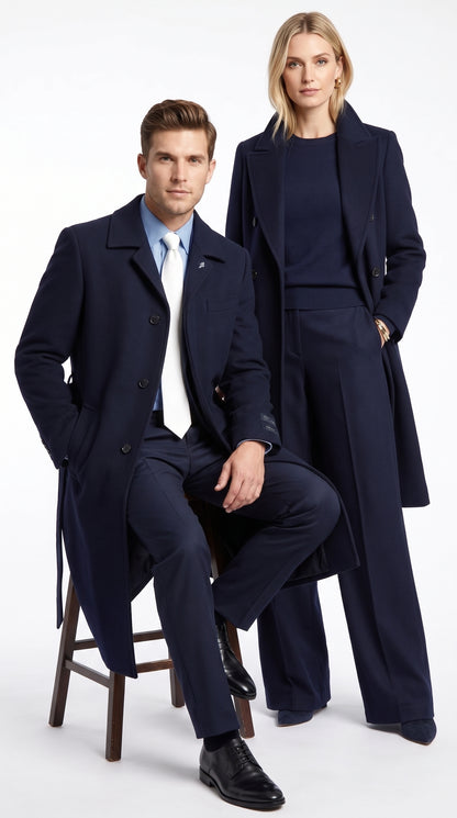 Men's Navy Blue Full Length Belted Overcoat – Classic Long Winter Dress Coat with Waist Belt