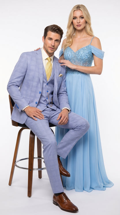 Men’s Sky Blue Glen Plaid 3 Piece Suit SV2W6, Windowpane Checkered Vested Formal Wedding Prom Suit