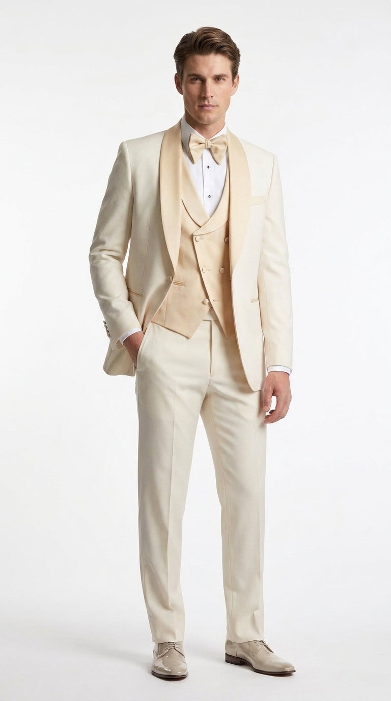 Men’s Champagne Cream Ivory Suit, Off White Formal Wedding Groom Tuxedo Suit
