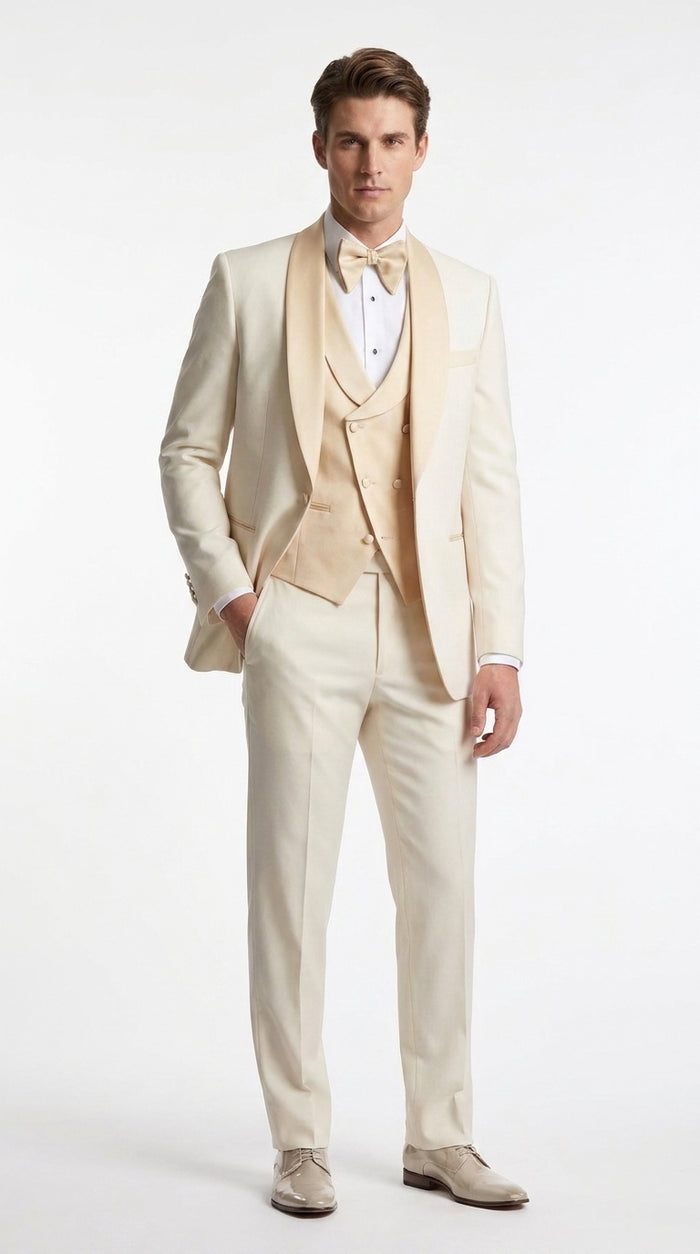 Men’s Champagne Cream Ivory Suit, Off White Formal Wedding Groom Tuxedo Suit
