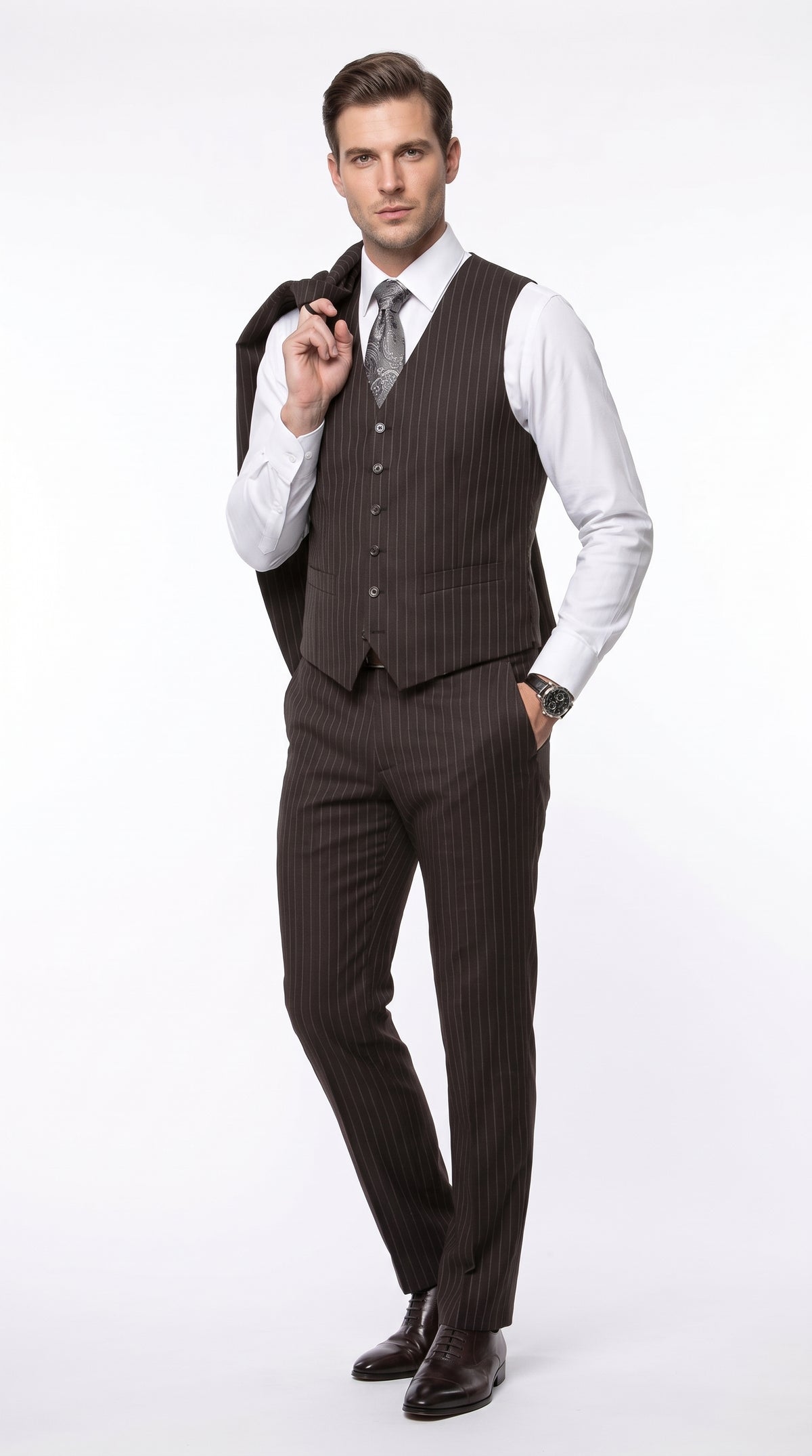 Men’s Jet Black Chalk White Pinstripe 3 Piece Suit, Super 150s Italian Fabric Vested Formal Suit