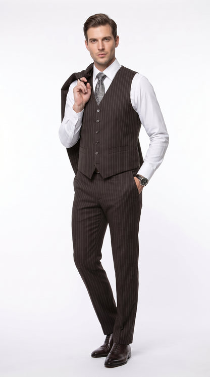 Men’s Jet Black Chalk White Pinstripe 3 Piece Suit, Super 150s Italian Fabric Vested Formal Suit