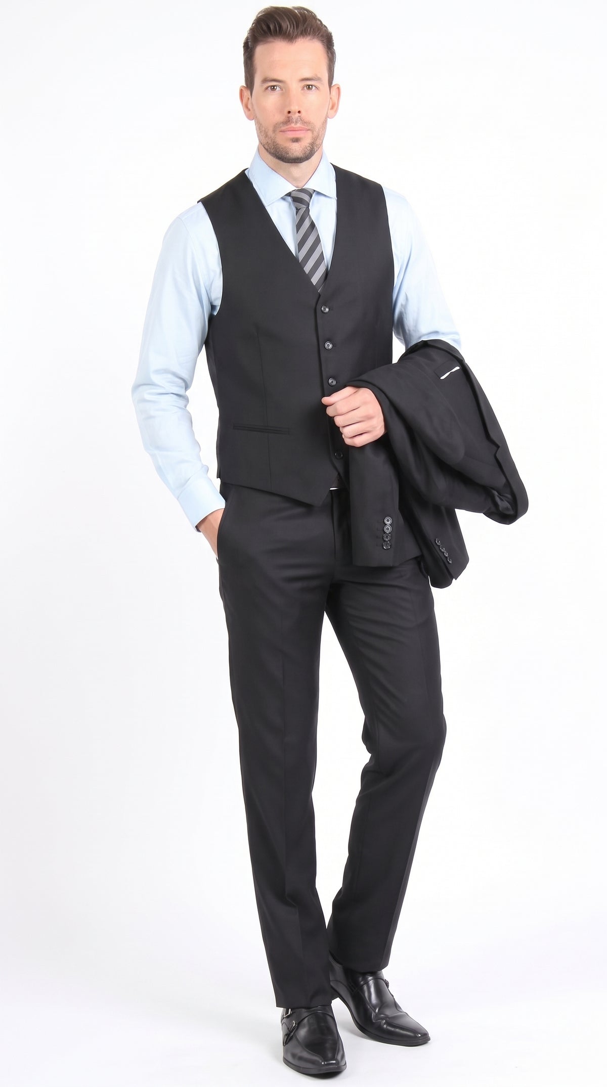 Men’s Black 3-Piece Vested Suit – Two-Button Formal Suit with Vest & Flat-Front Pants