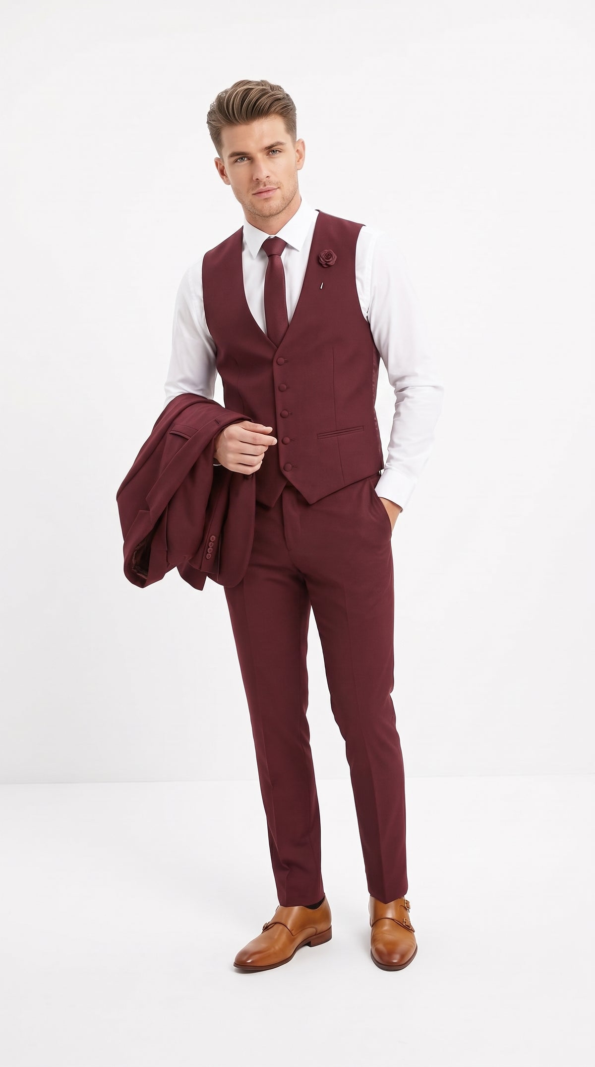 Mens 3-Piece Burgundy Slim Fit Suit with Vest – Wedding, Prom and Formal Wear