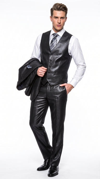Men's Black Shiny Sharkskin 3-Piece Vested Suit – Flashy Satin Finish Formal Wedding, Prom & Party Suit