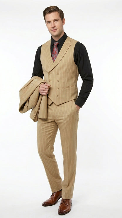 Mens Double Breasted Gangster Bold Pinstripe Suit in Camel