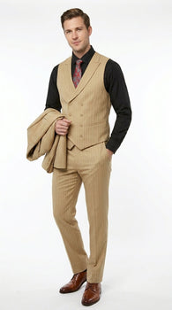 Mens Double Breasted Gangster Bold Pinstripe Suit in Camel