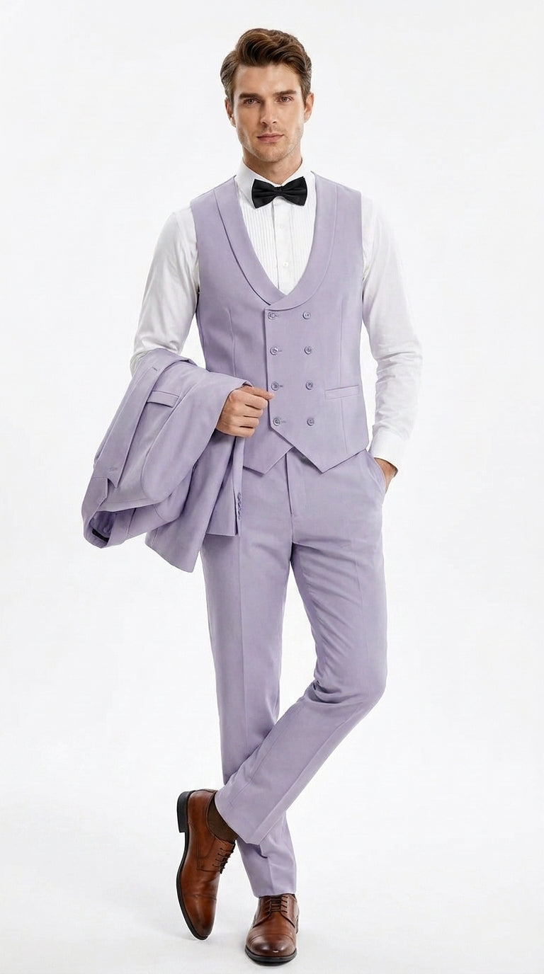 Men’s Lavender Modern Fit 3 Piece Suit, Two Button Vested Peak Lapel Graduation Wedding Prom Suit